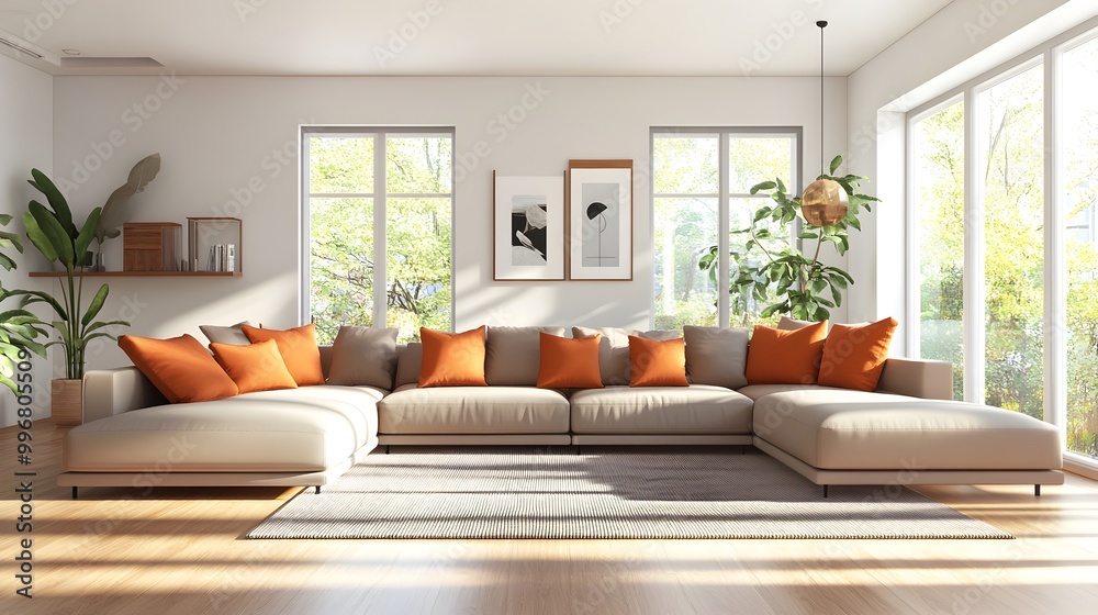 Fototapeta premium Cozy and Inviting Modern Living Room with Large Comfortable Sectional Sofa Warm Bright Accents and Minimalist Stylish Decor Creating a Welcoming Atmosphere with Lighting and Photographic Details