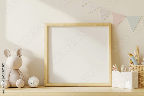 Empty frame for mockup in a children's room with toys on white shelf