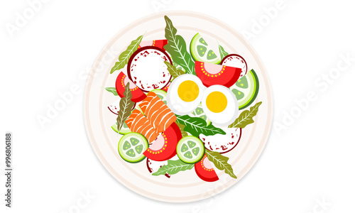 Salmon salad. With fresh vegetable, boil egg, green salad, tomatoes, cucumber, beetroot. Isolated healthy nutrition menu. Vector illustration. Top view design. Healthy food.