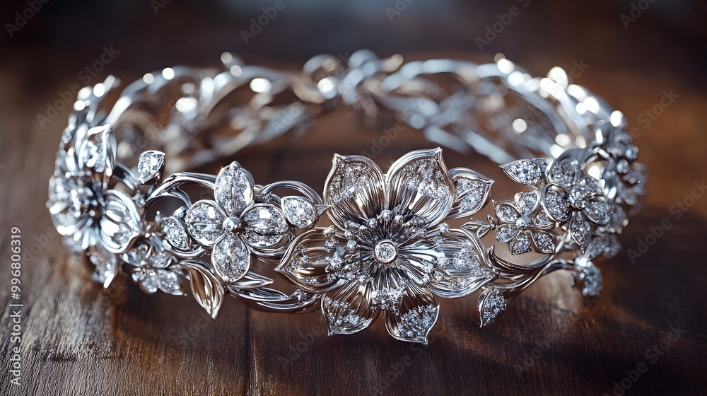 Obraz premium Exquisite White Gold Floral Bracelet with Lush Interwoven Flowers Vines and Ornate Filigree Detailing Accented by Radiant Diamond Highlights and Virtuosic Artisan Craftsmanship