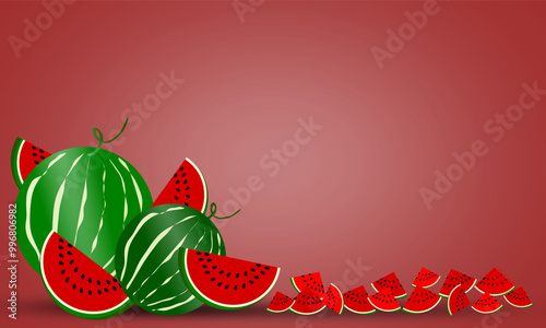 Watermelon vector illustration on fresh red background with space for text. Whole fruit, half and chop. Summer fresh fruit template design. Vitamin nutrition.