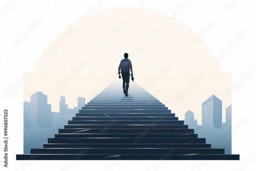 Silhouette of a man ascending stairs against a clean white background, isolated image Silhouette of a man ascending stairs against a clean white background, isolated image