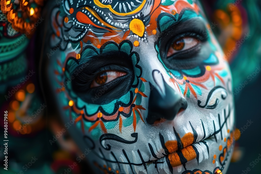 A person adorned in intricate sugar skull face paint during a Day of the Dead festival A person adorned in intricate sugar skull face paint during a Day of the Dead festival