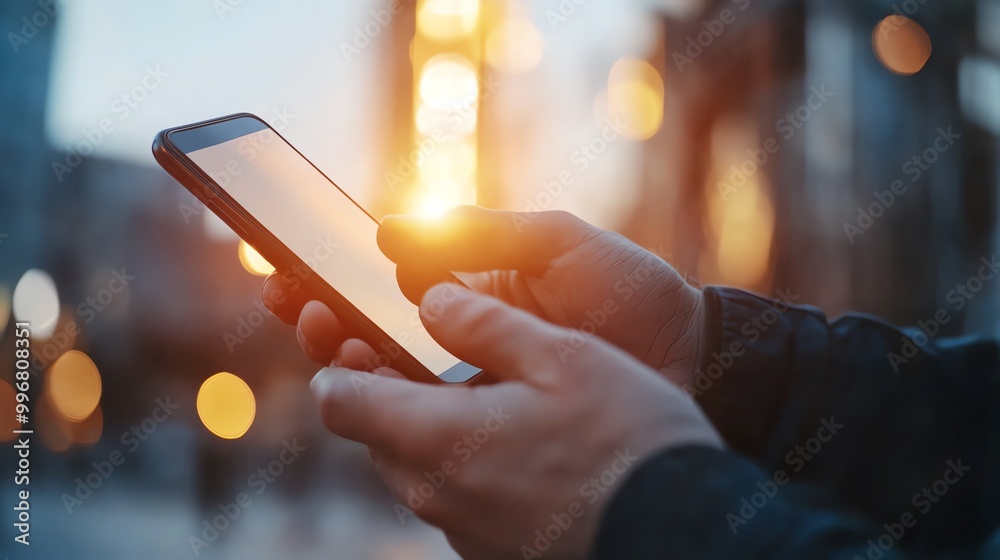 Close-up of hands using smartphone outdoors at sunset with city lights in the background. Technology and communication concept. Close-up of hands using smartphone outdoors at sunset with city lights in the background. Technology and communication concept.