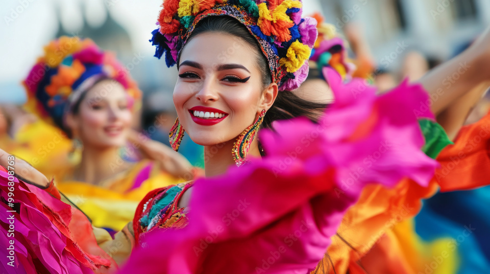 A vibrant display of Bulgarian culture, featuring traditional folk dancers in colorful costumes performing in front of a historical monument A vibrant display of Bulgarian culture, featuring traditional folk dancers in colorful costumes performing in front of a historical monument
