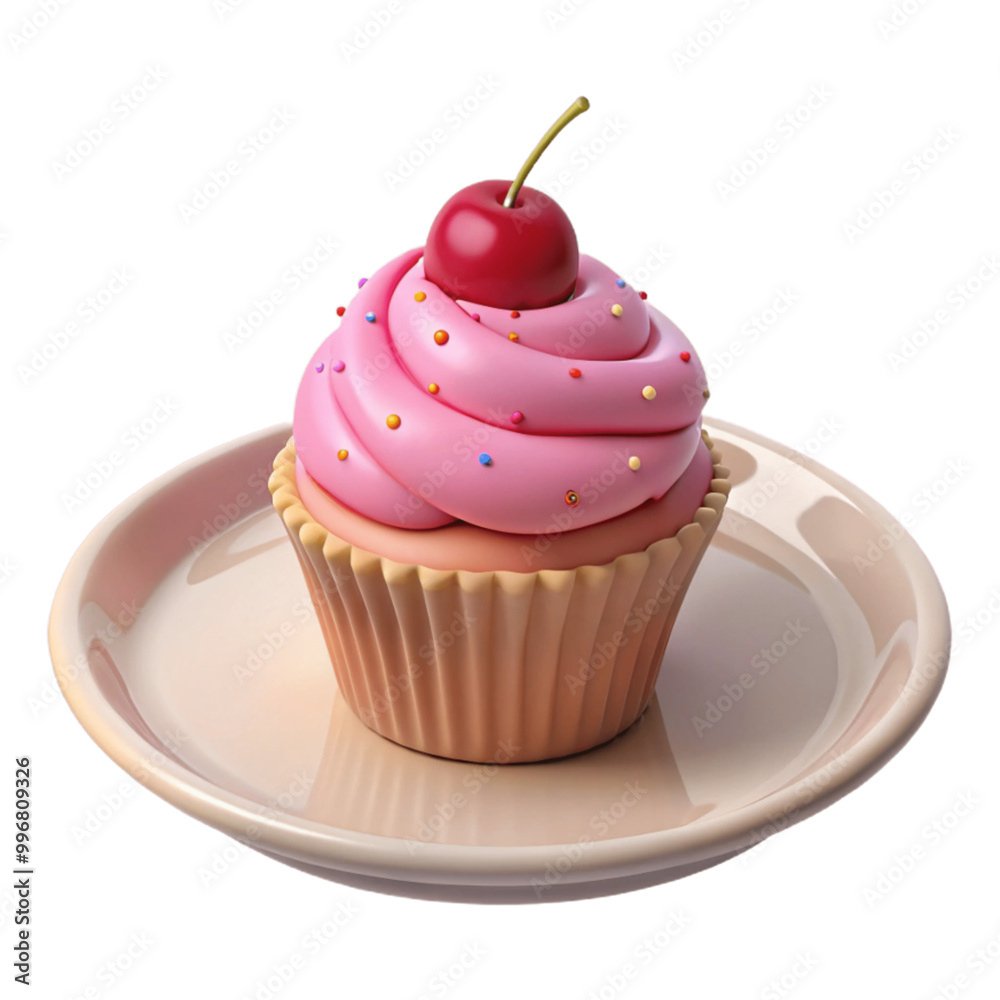 A pink cupcake with sprinkles, topped with a cherry, on a simple white plate. A pink cupcake with sprinkles, topped with a cherry, on a simple white plate.