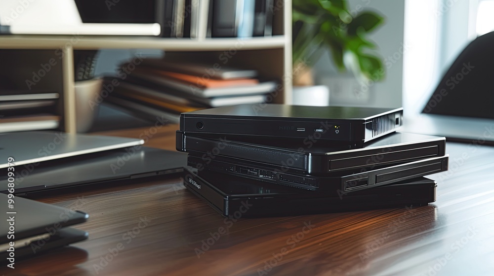 A set of modern external hard drives arranged neatly on a desk A set of modern external hard drives arranged neatly on a desk