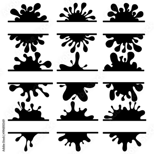 Ink blots and smears, blotting paper spots, liquid paint blobs, smears and ink smears. Dirty abstract dot vector set with space for captions.