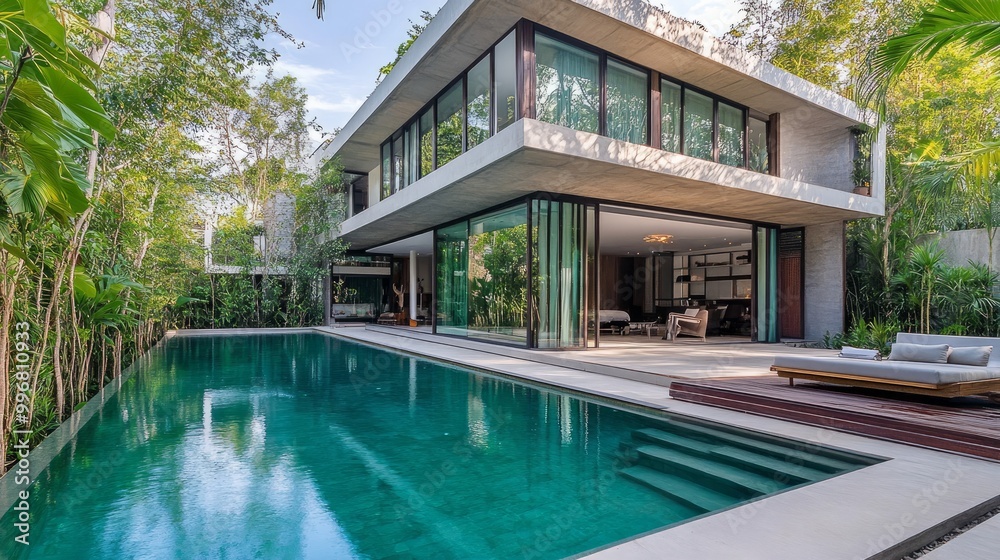 A modern tropical villa with an integrated swimming pool and sleek design provides a peaceful haven. A modern tropical villa with an integrated swimming pool and sleek design provides a peaceful haven.