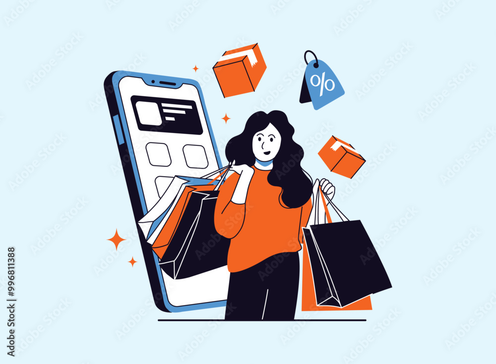 A woman in an orange sweater is happily carrying shopping bags while a smartphone with a shopping app, packages, and a discount tag float around her. This illustrates the convenience and excitement of