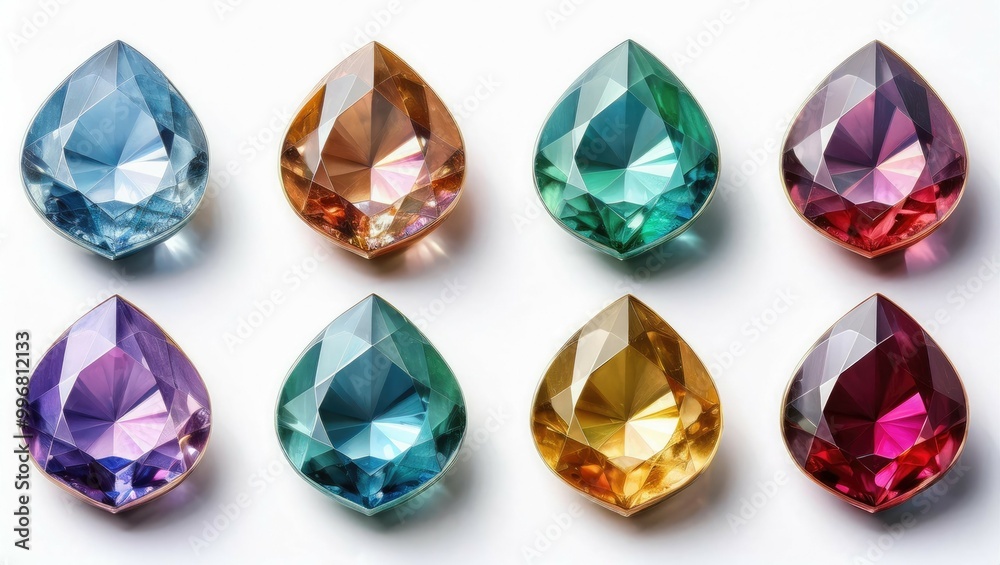 A vibrant assortment of teardrop-shaped gemstones in various colors, showcasing their brilliant facets and unique hues. A vibrant assortment of teardrop-shaped gemstones in various colors, showcasing their brilliant facets and unique hues.