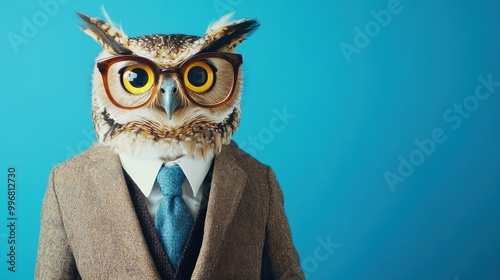 Owl in Formal Wear with Glasses Against Blue Background