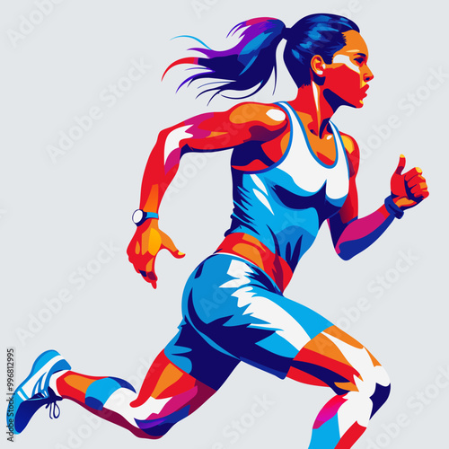 Vibrant female runner in motion showcasing athleticism in a dynamic vector style