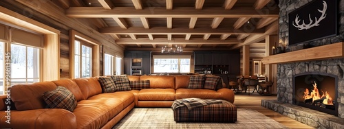 Cozy and inviting rustic cabin great room with a large leather sectional sofa stone fireplace exposed wooden beams plaid accents and a warm earthy color palette