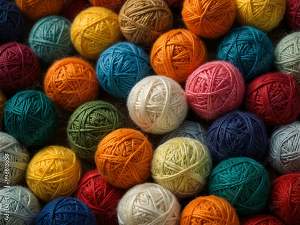 A colorful collection of yarn balls is arranged in a pile. A colorful collection of yarn balls is arranged in a pile.