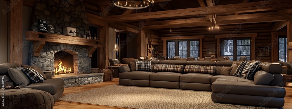 Cozy and inviting rustic cabin great room with a large leather sectional sofa stone fireplace exposed wooden beams plaid accents warm earthy color palette Cozy and inviting rustic cabin great room with a large leather sectional sofa stone fireplace exposed wooden beams plaid accents warm earthy color palette