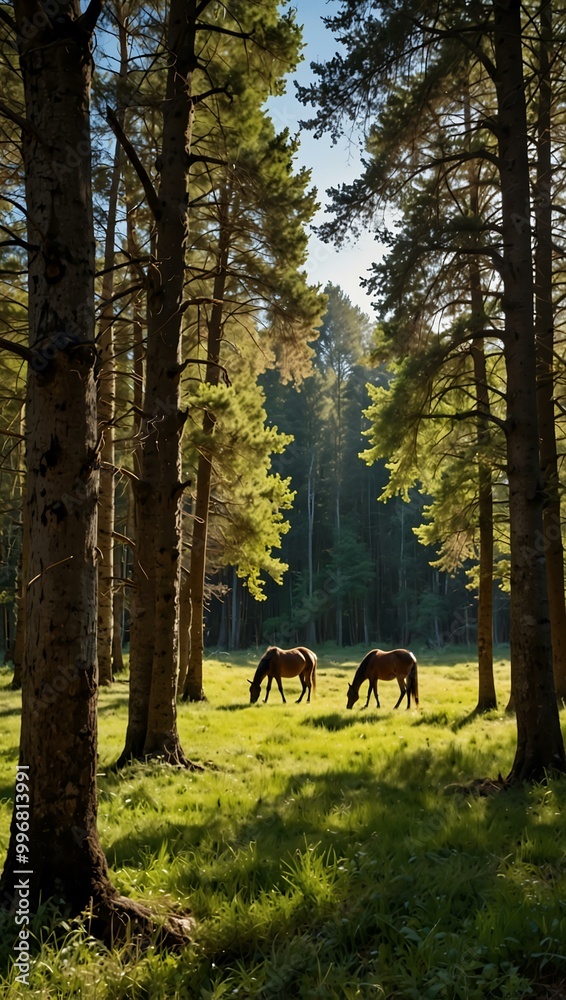 A forest landscape shows grazing horses in the background on a sunny day. A forest landscape shows grazing horses in the background on a sunny day.