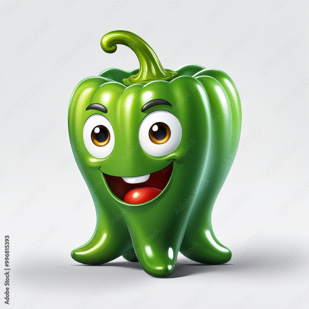 A cartoonish green bell pepper with a smiling face, designed to be playful and engaging.