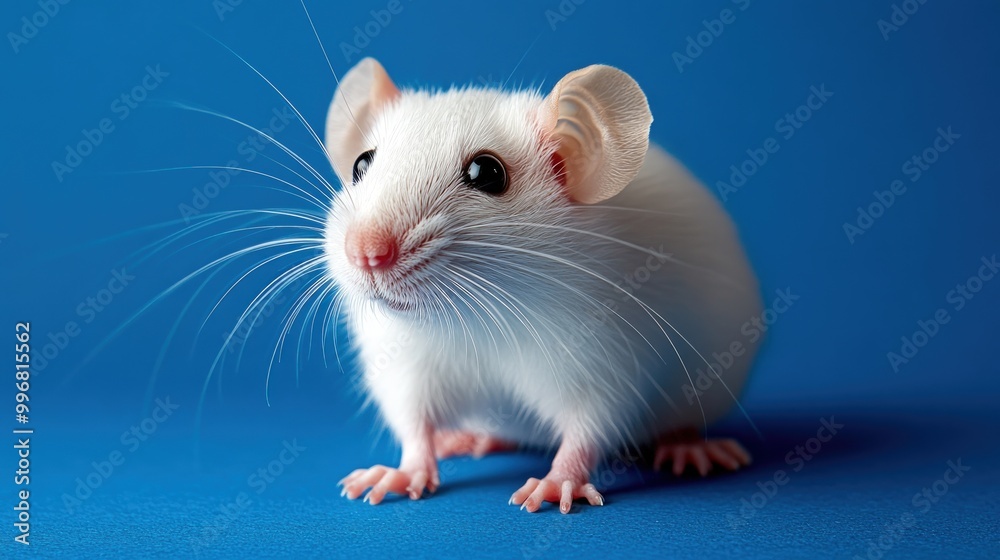 A white laboratory mouse with black eyes sits on a blue background. A white laboratory mouse with black eyes sits on a blue background.