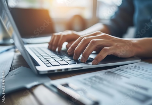 Focused individual typing on a laptop at a bright workspace during the afternoon