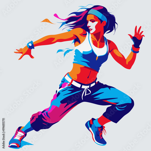 Dynamic female dancer in vibrant colors showcasing movement and energy in a vector style