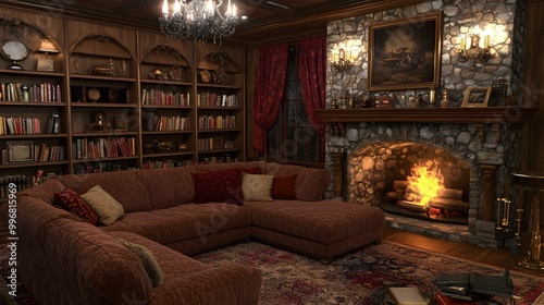 Cozy and inviting traditional living room featuring a plush overstuffed sectional sofa in a warm hue surrounded by ornate antique decor and bookshelves oil painting like lighting