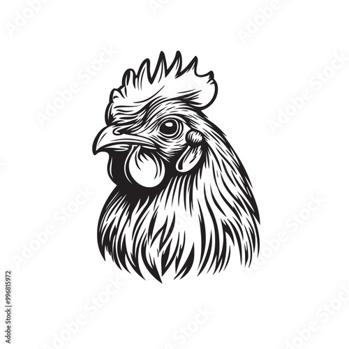 Rooster logo, chicken head mascot, black and white, vintage design template vector illustration