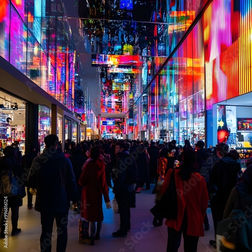 Frenzied Consumers Embrace the Black Friday Commercial Wonderland A Vibrant Retail Experience Filled with Dazzling LED Saturated Visuals and a Retrofuturistic Neo Minimalist Vibe