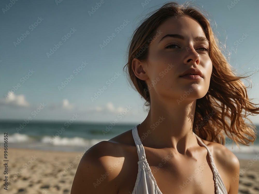 A third perspective of a woman enjoying the beach breeze. A third perspective of a woman enjoying the beach breeze.