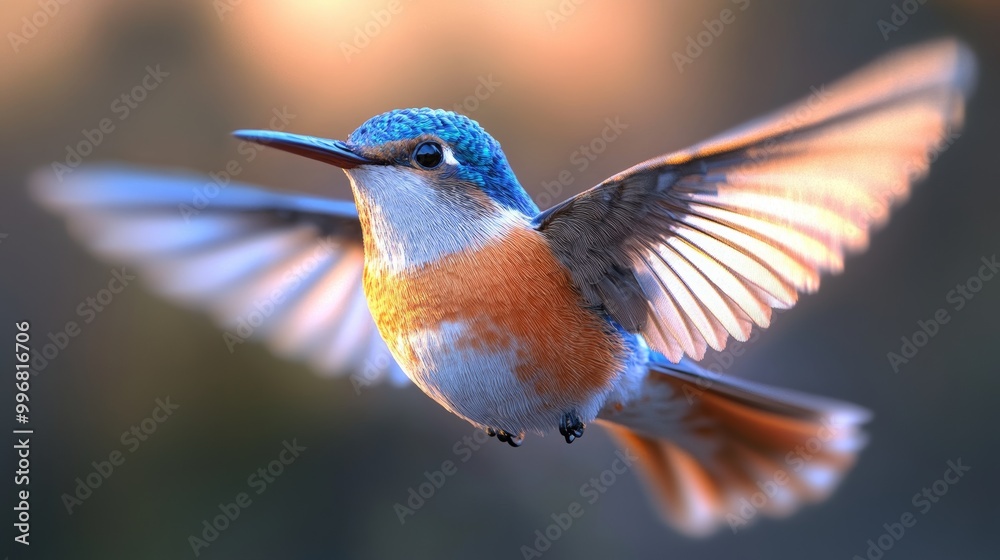 Naklejka premium A blue and orange bird is flying in the air