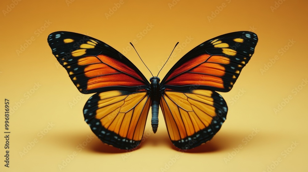 Obraz premium A butterfly with orange and black wings is sitting on a yellow surface