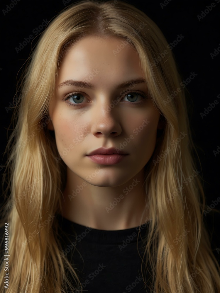 A woman with long blonde hair stands before a dark backdrop. A woman with long blonde hair stands before a dark backdrop.