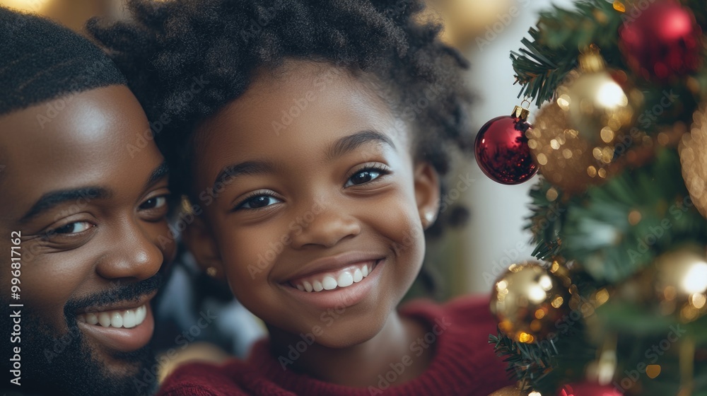 A joyful parent helps their daughter decorate the Christmas tree with smiles and cheer A joyful parent helps their daughter decorate the Christmas tree with smiles and cheer