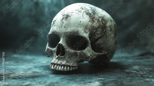 A skull is shown in a dark blue background