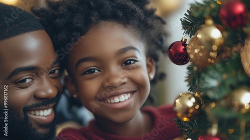 A joyful parent helps their daughter decorate the Christmas tree with smiles and cheer