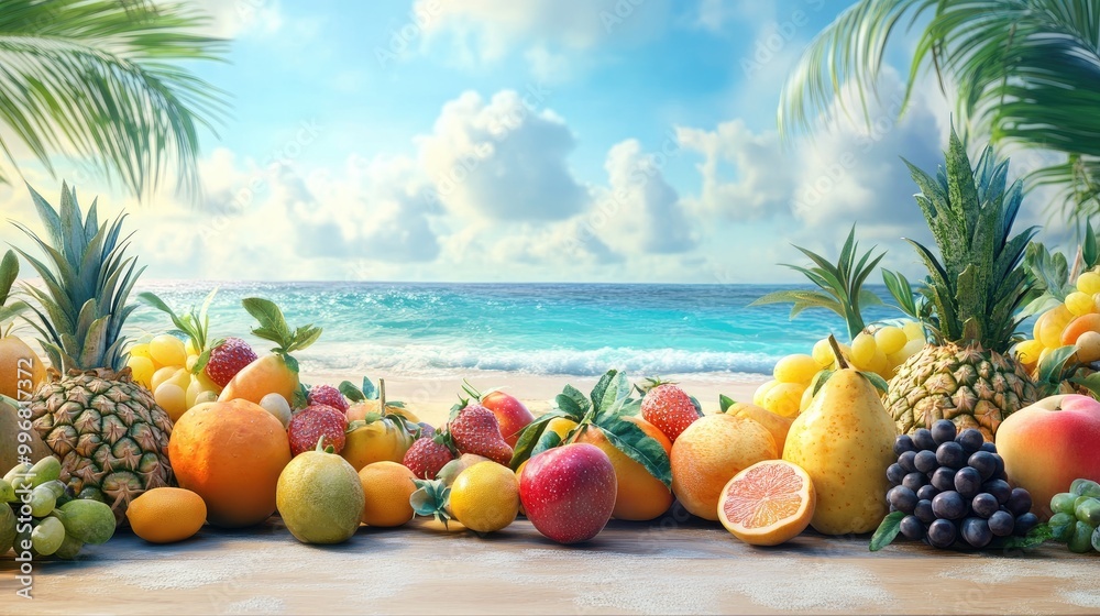 Fresh tropical fruit on beach. Perfect for summer, travel, or healthy food. Fresh tropical fruit on beach. Perfect for summer, travel, or healthy food.