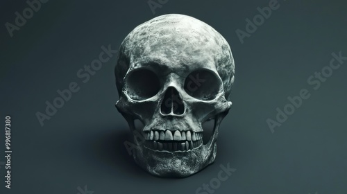 A skull is shown in a black and white photo