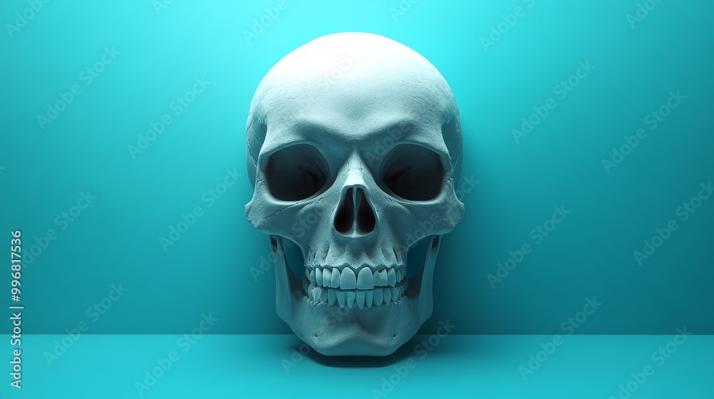 A white skull is shown against a blue background A white skull is shown against a blue background