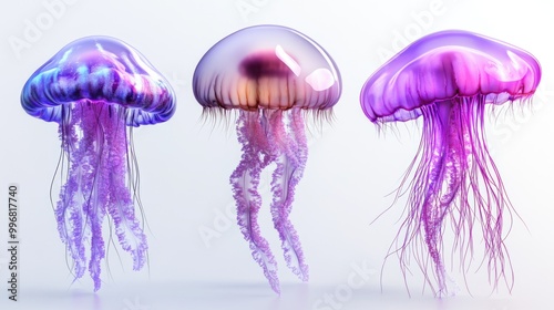 Three jellyfish are gracefully suspended in a transparent environment, showing their vibrant colors