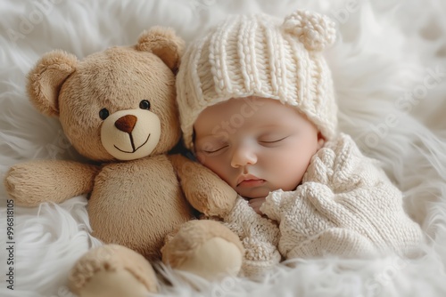 A newborn baby is sleeping on a white fur blanket