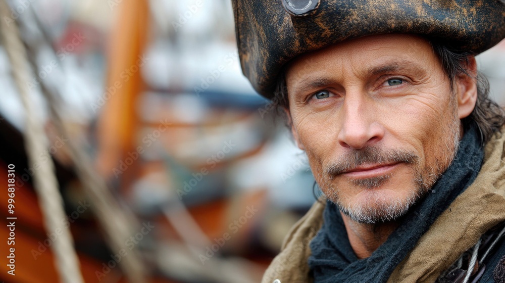 A man in a pirate costume stands proudly by a boat against a maritime backdrop A man in a pirate costume stands proudly by a boat against a maritime backdrop