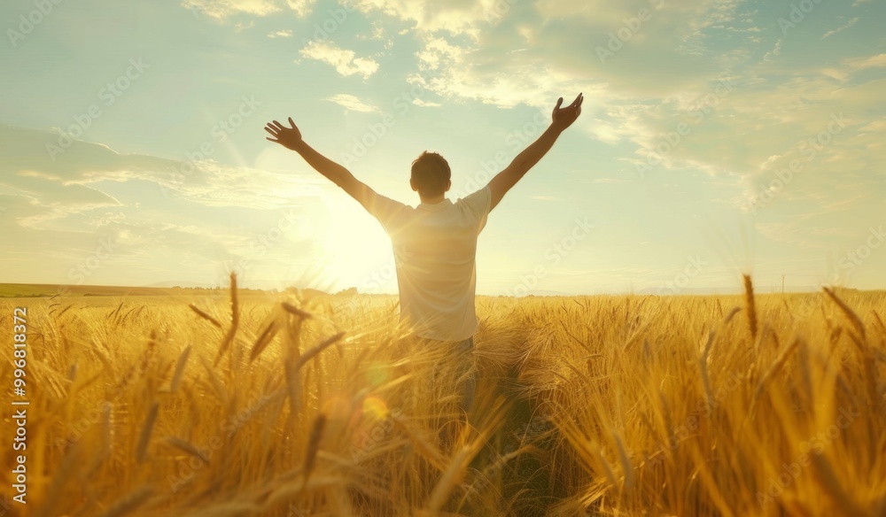 Naklejka premium A person enjoying golden wheat fields at sunset, arms outstretched, embracing nature's beauty during a warm evening