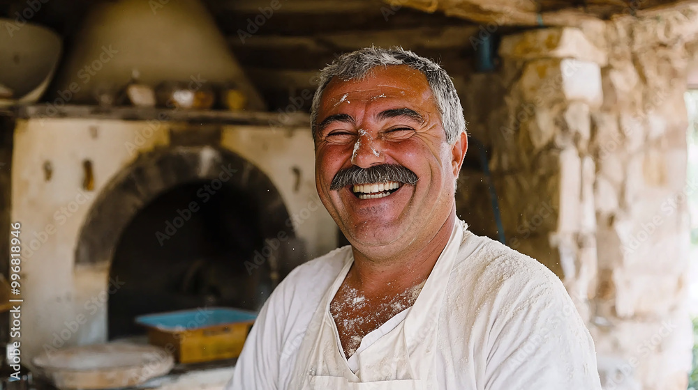 a jovial, rotund Italian pizzaiolo in his 60s, sporting a thick mustache, captured mid-laugh in a rustic 1800s-style kitchen a jovial, rotund Italian pizzaiolo in his 60s, sporting a thick mustache, captured mid-laugh in a rustic 1800s-style kitchen
