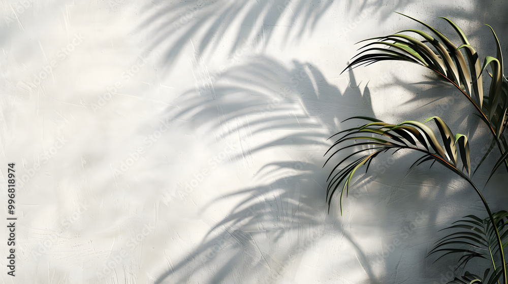 Sunlit scene with shadow of palm leaves on a textured concrete wall. Minimalist style, concept of tranquility and nature Sunlit scene with shadow of palm leaves on a textured concrete wall. Minimalist style, concept of tranquility and nature