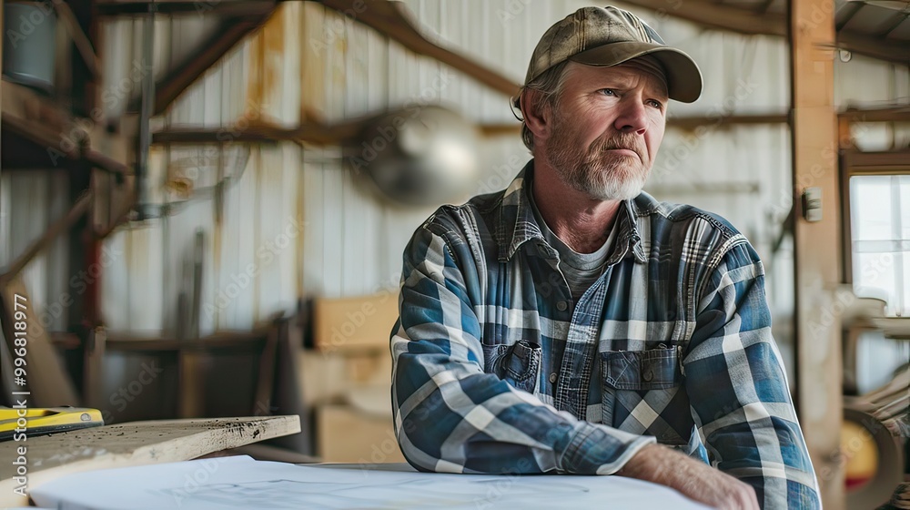 A farmer looking pensively into the distance, with plans for the future spread out on a table behind him. A farmer looking pensively into the distance, with plans for the future spread out on a table behind him.
