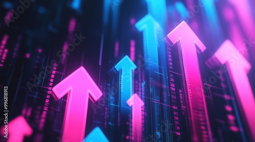 A futuristic arrow shows upward movement in investment growth and business development, reflecting dynamic success in an analytic AI-generated backdrop.