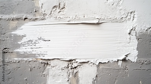 A textured cement wall features a bold white stroke, peeling paint, and graffiti, embodying urban art.