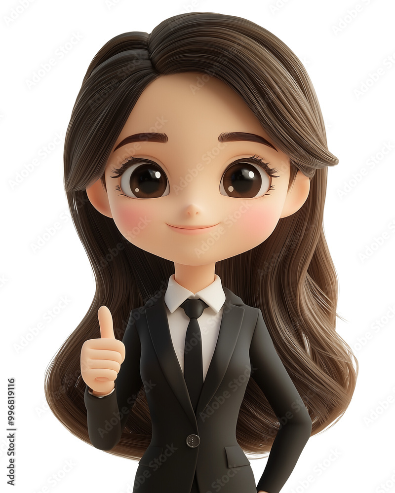 Thumb up with glad expression young woman female person wearing Dark Sharp suit with black necktie isolated on transparent background Thumb up with glad expression young woman female person wearing Dark Sharp suit with black necktie isolated on transparent background