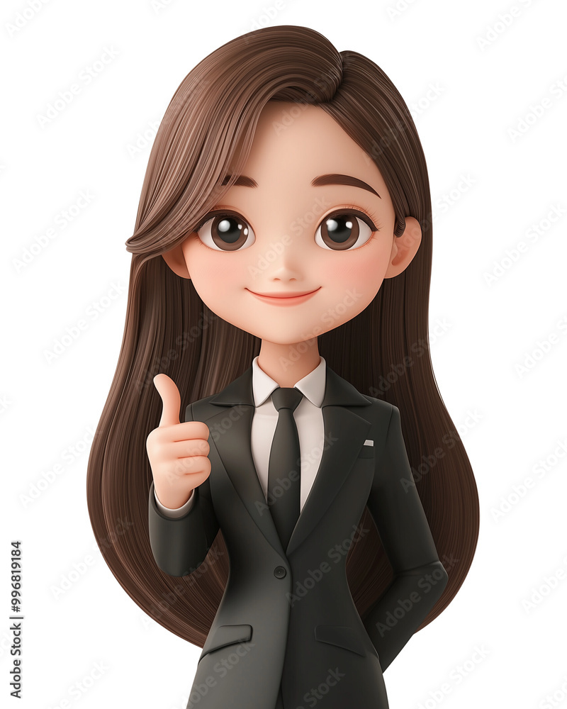 Thumb up with glad expression young woman female person wearing Dark Sharp suit with black necktie isolated on transparent background Thumb up with glad expression young woman female person wearing Dark Sharp suit with black necktie isolated on transparent background