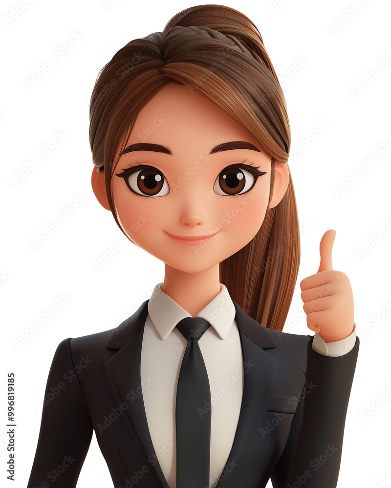 Thumb up with glad expression young woman female person wearing Dark Sharp suit with black necktie isolated on transparent background Thumb up with glad expression young woman female person wearing Dark Sharp suit with black necktie isolated on transparent background